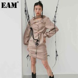 [EAM] Women Camel Hollow Out Drawstring Wrinkled Dress Hooded Long Sleeve Loose Fit Fashion Spring Autumn 1DD2404 21512