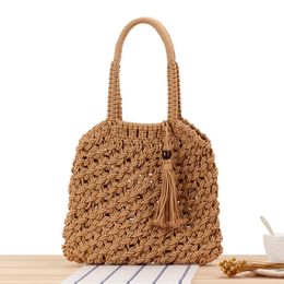 Pure Colour Portable Hand-Woven Trendy Women's Mori Style Degrees Cotton String Leisure Beach Straw Bag