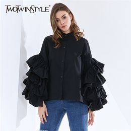 Patchwork Ruffle Women's Shirt Stand Collar Lantern Sleeve Casual Elegant Blouse Female Fashion Clothing Autumn 210524
