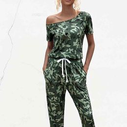 Spring Summer Camouflage print bodysuit women streetwear Casual off shoulder short-sleeved pocket Women strapless jumpsuit 210514