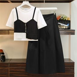 Summer Women Two Piece Sets Fashion Fake two Patchwork Short T-Shirt Top + High Waist A-Line Midi Skirt Suit Clothing 210519