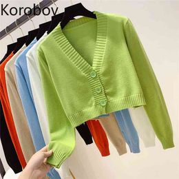 Korobov Sweet Short Women V Neck Cardigans Autumn Outwear Crop Top Sweaters Korean Preppy Style Button Long Sleeve Knitwear 210430