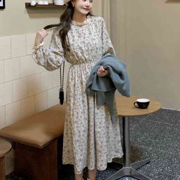 Spring French Vintage Print Long Sleeve Woman Dress Elegant Lace Stand Collar Vestido Mujer Temperament Sweet Femme Robe 210514