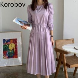 Korobov Chic Korean Puff Sleeve Women Dress Vintage Solid A-LIne Pleated Dresses Sweet Preppy Style Slim Lacing Vestidos 210430