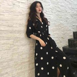 Autumn Chic Women Black Dress Vintage Circle Dot Slim V neck Lantern Half Sleeve Tunic Chiffon Long Dresses Elegant Vestido 210507