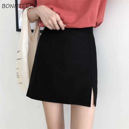 Skirts Women Solid Black Bodycon Split Office Ladies Stitching Ulzzang High Waist Elegant Slim Mini Skirt Student Trendy Simple Y0824