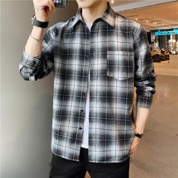 Plaid Red 2021 Casual Shirt Men Military Style Fashion Autumn Long Sleeve Blouse Male Streetwear Korean Japanese Shirts Men's