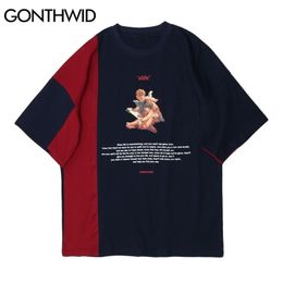 GONTHWID Tees Shirts Angel Print Colour Block Patchwork Short Sleeve Tshirts Mens Summer Hip Hop Harajuku Casual Cotton Tops Male 210324