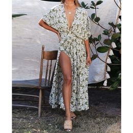 TEELYNN Sexy Deep V Neck Maxi Drwomen Vestidos 2020 Vintage Floral print Side split Boho dresses Summer beach Casual Dresses X0621
