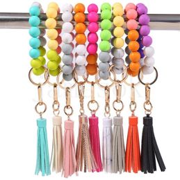 9 StylesTassel Bead String Chain Party Favour Food Grade Silicone Beads Bracelet Women Girl Key Ring Wrist Strap Bracelets Keychains DB919