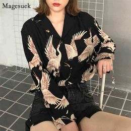 Plus Size Loose Slim Women Tops and Blouses Vintage Crane Printed Chiffon Blouse Long Sleeve s Shirts 0845 210512