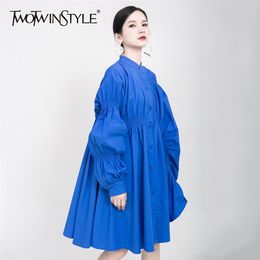 Elegant Ruched Blue Dresses For Female Stand Collar Lantern Long Sleeve High Waist Loose Women's Dress Fashion 210520