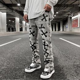 Men's Jeans Hip Hop Retro Washed Grey Pu Leather Bone Embroidery Casual Denim Trousers Men Straight Oversize Streetwear Loose Pants