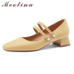 Meotina Cow Leather Mary Janes Shoes Pearl Real Leather Mid Heel Pumps Square Toe Dress Footwear Ladies Block Heels Shoes 210520