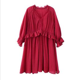 PERHAPS U Red V Neck Half Sleeve Ruffle A Line Solid Mini Short Dress Puff Sleeve Lace Summer D0462 210529