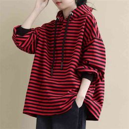 Autumn Winter Arts Style Women Long Sleeve Thicken Loose Hooded Hoodie All-matched Casual Striped Pullovers Big Size M502 210512