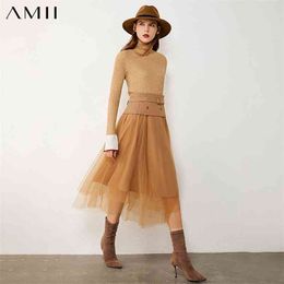 Minimalism Autumn Fashion Women's Skirt High Waist Belt Lace Ball Gown Calf-length Skirts Womens 12070428 210527