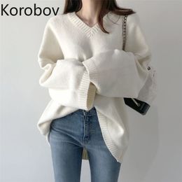 Korobov Korean V Neck Knit Pullovers Women Sweaters Vintage Solid Long Sleeve Jumper Femme Autumn Knitwear Top 210430