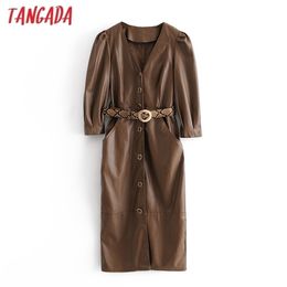 Tangada Autumn Winter women brown faux leather dress with leopard belt long sleeve ladies midi dress vestidos 3H728 210323