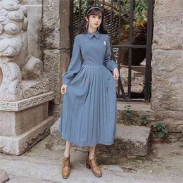 Blue Turn-down Collar Dress Chiffon Women Vintage Full Sleeve Mid-calf Female Vestidos Pleated es Spring 210603