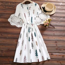 The fashion of Short-sleeved dress with waist-retracted tie cotton and linen round women's derss in summer 4616 50 210510