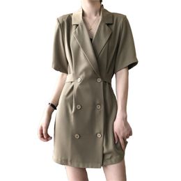 Double-breasted Suit Dress Women Spring Summer French Style Elegant Lapel Short Sleeved Slim Dresses Female LR1246 210531