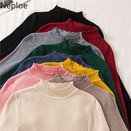 Neploe Half Turtleneck Sweaters for Women Solid Color Ruffles Knitted Pullovers Pull Femme Slim Fit Korean Knitwear Jumper Tops 210422