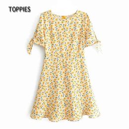 Summer Floral Printing Mini Dress Puff Sleeve Slim A-line Bow Tie Blouses 210421
