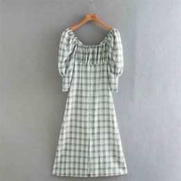 Summer Women Plaid Slim Dress 3/4 Sleeve Elastic bust Buttons es Female Elegant Sweet Street Clothing vestidos 210513