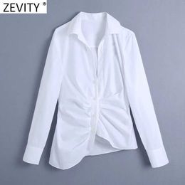 Zevity Women Fashion Breasted Pleated White Poplin Shirts Office Lady Hem Irregular Slim Blouse Roupas Chic Chemise Tops LS9112 210603