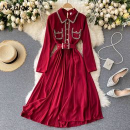 Neploe Vintage Court Style Temperament Dress Women High Waist Hip Sashes Vestidos Turn Down Collar Long Sleeve Robe Red Dresses 210422