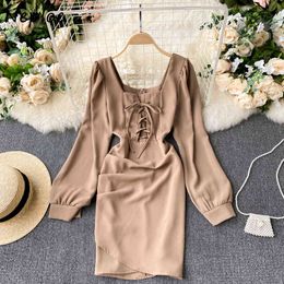 Neploe Work Style Ol Slim Dress Women Square Collar Sexy Clavicle Exposed Solid Vestidos High Waist Hip A Line Long Sleeve Robe 210423