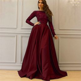 Burgundy Muslim Satin Evening Dresses With Long Sleeve Jewel Neck Appliques Lace Prom Dress Dubai Formal Occasion Gowns Saudi Arabic Plus Size Vestidos De Festa