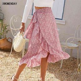 Woman Skirts High Waist Fashion Long Black Knotted Tied Wrap Floral Ruffle Chiffon A Line Split Skirt Spring Summer Clothes 210730