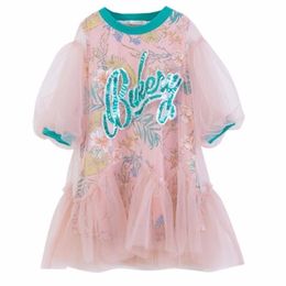 3-16 Years of Teens Kids Dresses for Girls Letter Floral Print Meah Dress Puff Sleeve Baby Children Summer Clothes 211027