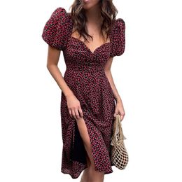 Printed short-sleeved V-neck waist slimming puff sleeve split dress elegant summer h fashion women's clothing 210520