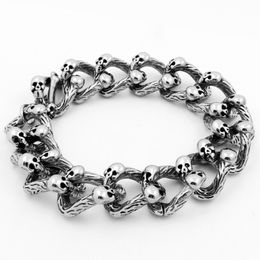 Vintage Stainless Steel Bracelet Skull Curb Link Chain Toggle Clasp Rock Punk for Men 8.7" with Velevt Bag