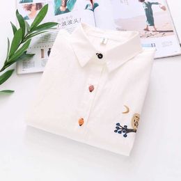 Women Blouse Colour Fish Embroidered Shirt Female Turn-Down Collar Tops Stripe Button Long Sleeve Loose Work Blous 210604