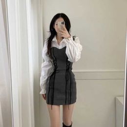 Chic Korean Casual Vintage White Turn Down Collar Puff Sleeve Patchwork Two Piece Dress Women Mini Bandage Tight Vestido 210610