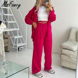 Msfancy Summer Pant Sets Women Long Sleeve Blouse Hight Waist Wide Leg 2 Piece Sets Female Pant Suits 210819