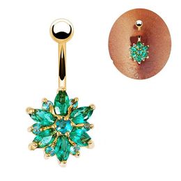 Stainless Steel Green Flower Crystal Navel Bars Gold Belly Button Ring Navel Piercing Jewellery