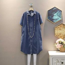 Summer Fashion Solid Turn Down Collar Loose Denim Medium-length Short-sleeved Shirt Cardigan Womens Tops 210615