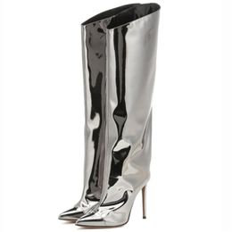 Женские сапоги Demonia для ночного клуба, яркие цвета, зеркальная кожа, женские сапоги до колена, высокие каблуки, туфли на шпильке, взлетно-посадочная обувь Botas Mujer 220115
