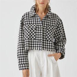 BLSQR Vintage Houndstooth Shirt Jackets Womens Short Coat Autumn Winter Jacket Casual Ladies Outerwear Coats 210430