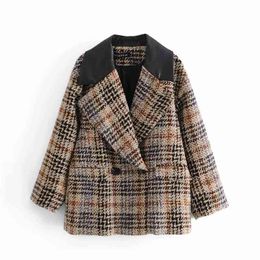 Autumn And Winter Large Lapel Plaid Stitching Double-Breasted Blazer Small Fragrant Wind Short Coat 210521