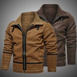 Men's Fleece Liner Leather Jackets winter Casual Fur Collar PU Biker Leather Jackets lapel Slim Thick Warm Coats Windbreakers 210603