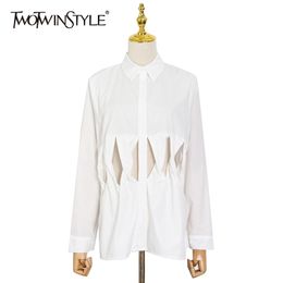 Hollow Out Loose Shirt For Women Lapel Long Sleeve Casual White Solid Blouse Female Fashion Clothing 210524
