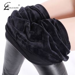 CHRLEISURE Winter Leather Leggings Women Warm Velvet Legging Femme High Waist Thick Stretch Leggins Mujer 211215