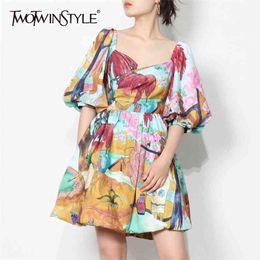 Hit Color Vintage Dress For Women Square Collar Puff Sleeve High Waist Print Dresses Female Fashion Clothing 210520