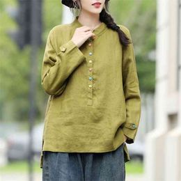 Spring Arts Style Women Long Sleeve Stand Collar Loose Shirts Button Design Cotton Linen Vintage Blouse Plus Size V165 210512